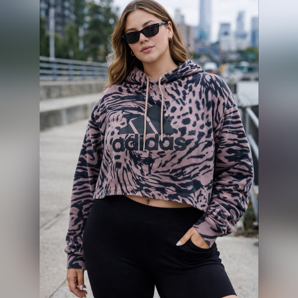 Adidas Cropped Hoodie 1X Pink Black Animal Print | Plus Size Athleisure